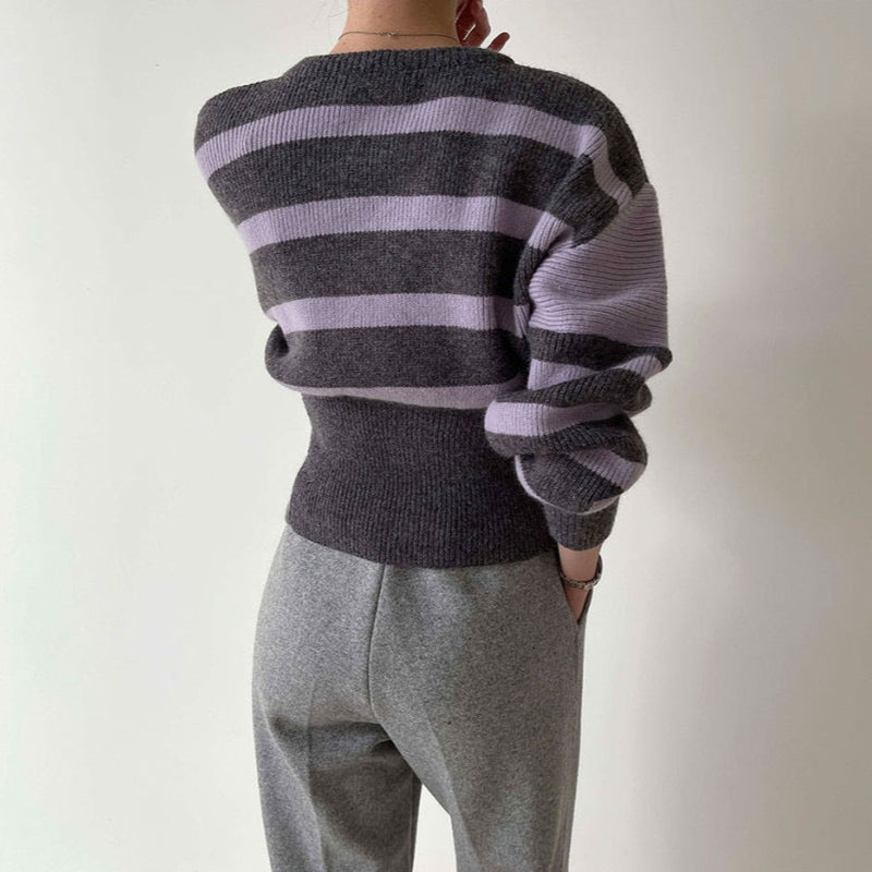 Round Neck Drop Shoulder Stripe Sweater with Gathered Waist and Slit