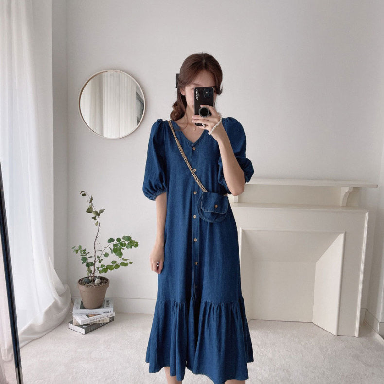 Relaxed V-Neck Button Down Denim Color Cotton Dress