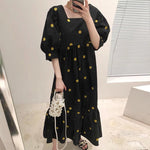 Relaxed Midi Dress with Embroidered Smiley Face