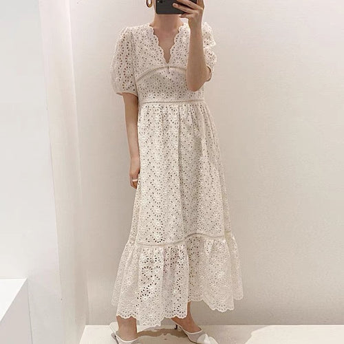 V-Neck Embroidered Cotton Midi Dress