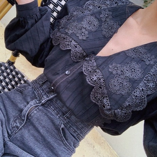 Lace Overlay Black Blouse with Oversized Collar