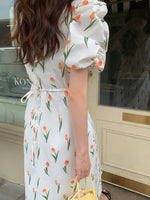 Tulip Print Short Sleeve Double V-Neck Midi Dress