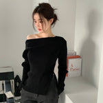 Designer Single-Shoulder Boat Neck Ribbed Knit Top with Side Slit