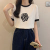 Camellia Flower Color Contrast Soft Knit Short Sleeve Top