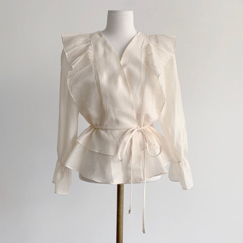 Long Sleeve Belted Chiffon Blouse with Ruffled Shoulder and Hems