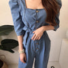 Square Neck Belted Denim Jumpsuit