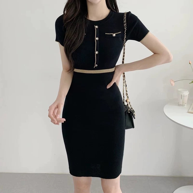 Short Sleeves Contrasting Trim Bodycon Mini Dress