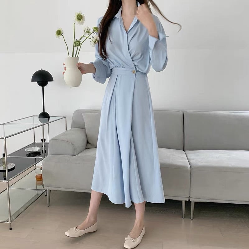 Long Sleeve Chiffon One Button Shirt Dress