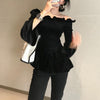 Black Velvet Ruffles Drop Shoulder Peplum Top