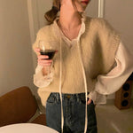 Chiffon Long Sleeve Ruffle Tie Neck Blouse with Knit Vest