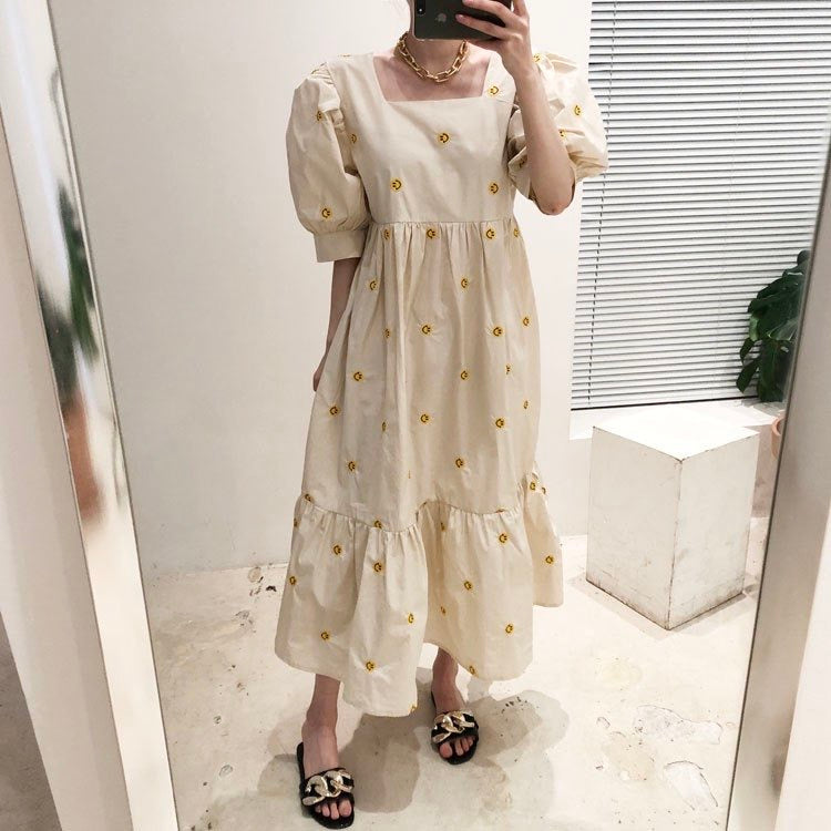 Relaxed Midi Dress with Embroidered Smiley Face