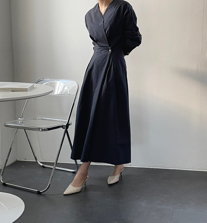 Minimalist Faux Wrap V-Neck Cotton Midi Dress