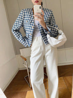 V-Neck Collarless Houndstooth Jacket with Pearly Buttons