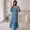 Relaxed V-Neck Button Down Denim Color Cotton Dress