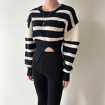 Round Neck Drop Shoulder Stripe Sweater with Gathered Waist and Slit