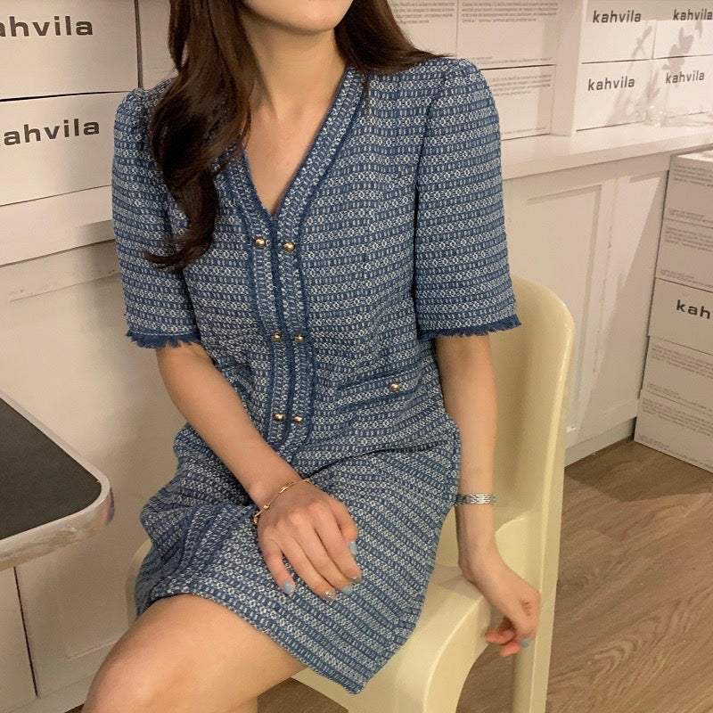 Short Sleeve V-Neck Blue Patterned Tweed A-Line Mini Dress