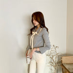 Knit Top with Double Layered Pointed Collar and Tie