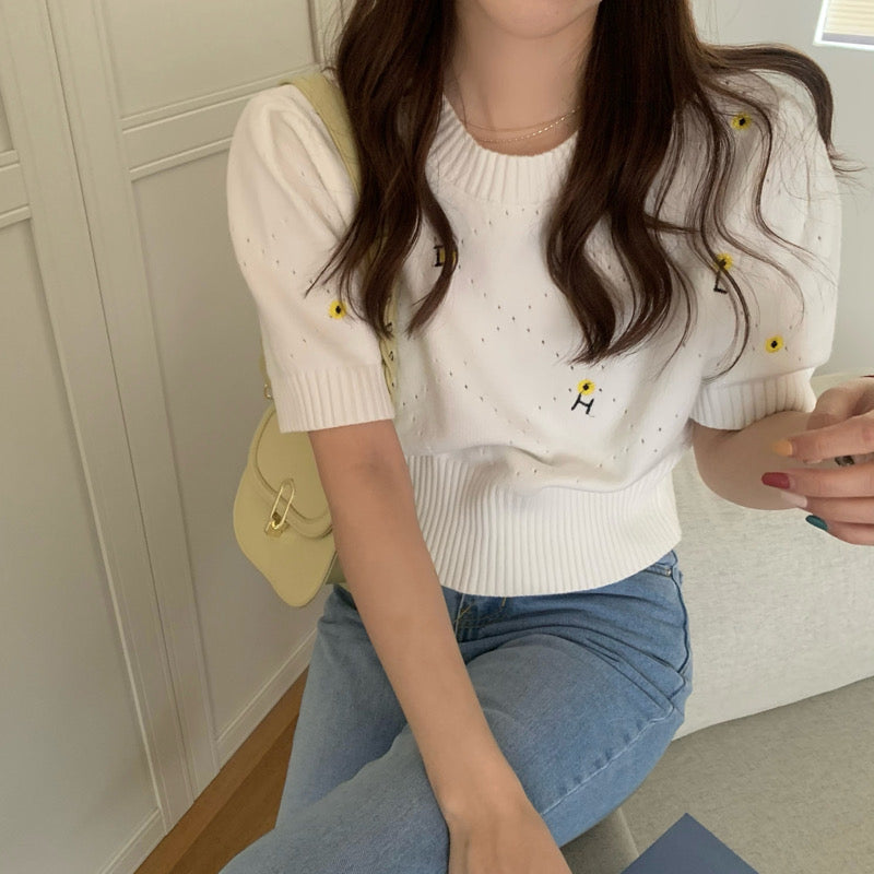 Yellow Embroidered Flower Knitted Short Sleeve Top