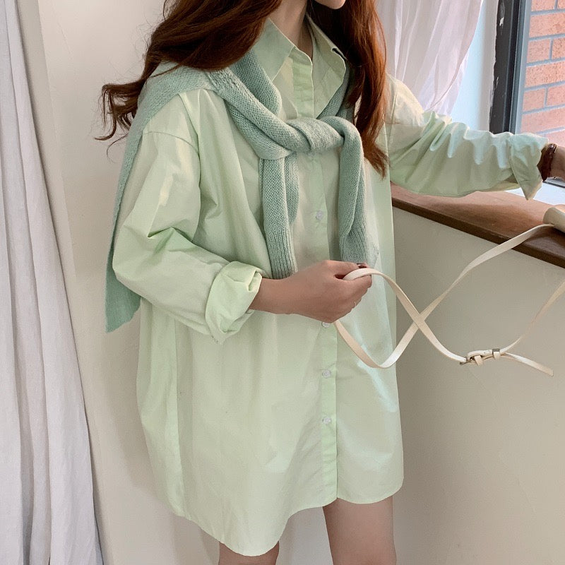 Macaron Color Boyfriend Style Button-Up Shirt with Matching Cape