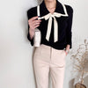 Knit Top with Double Layered Pointed Collar and Tie