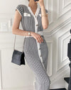 Knitted V-Neck Dress in Houndstooth Pattern with Contrasting Trim