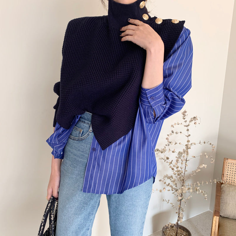 Designer Asymmetrical Turtleneck Knitted Cape Spliced with Shirt