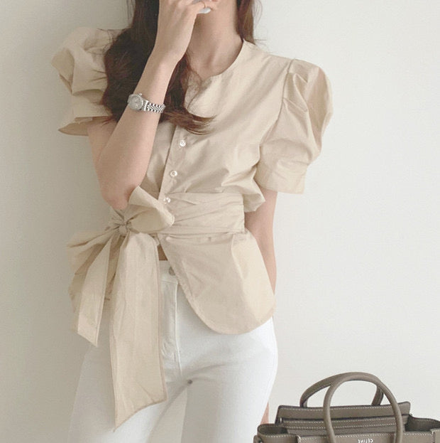 Puffed Short Sleeve Belted Shirt