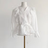 Long Sleeve Belted Chiffon Blouse with Ruffled Shoulder and Hems