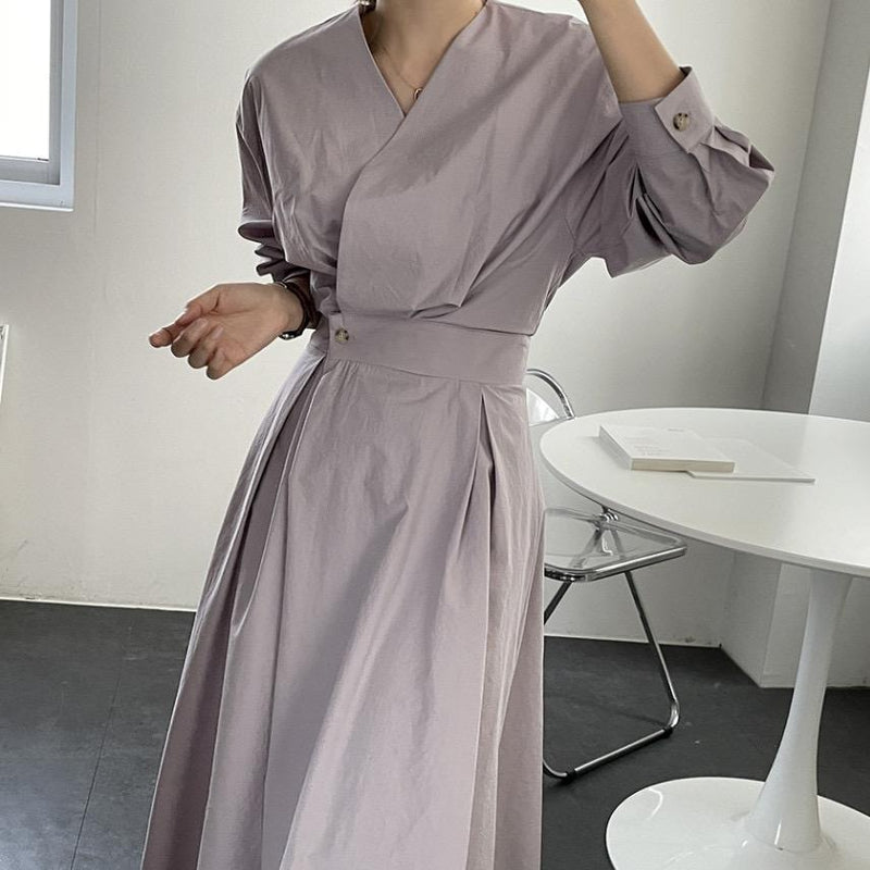 Minimalist Faux Wrap V-Neck Cotton Midi Dress