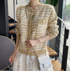 Embellished Multicolor Gold Button Crew Neck Cardigan