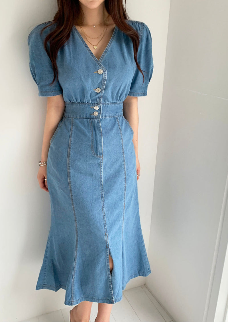 Denim V-Neck Fishtail Dress