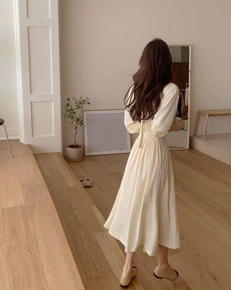 V-Neck Front Button Back Tie Pleated Chiffon Dress MyDearCloset V-Neck Front Button Back Tie Pleated Chiffon Dress MyDearCloset