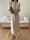 Designer Minimalist V-Neck Maxi Dress with Geometric Buttons