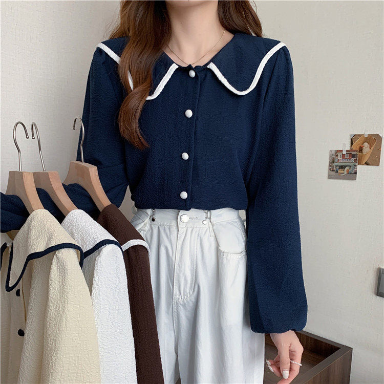 Large Collar Color Contrast Textured Blouse