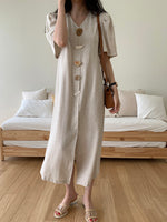 Designer Minimalist V-Neck Maxi Dress with Geometric Buttons