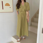 Matcha Green / Beige V-Neck Belted Dress with Pockets