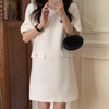 Linen Blend Textured Shift Dress with Pearly Trims