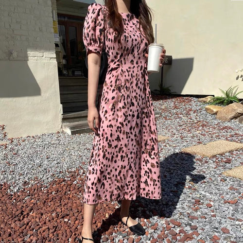 Pink Leopard Chiffon Midi Dress