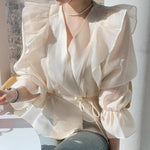 Long Sleeve Belted Chiffon Blouse with Ruffled Shoulder and Hems