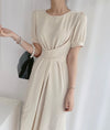 Cross-Over Waist Sash Short Sleeve Midi Dress