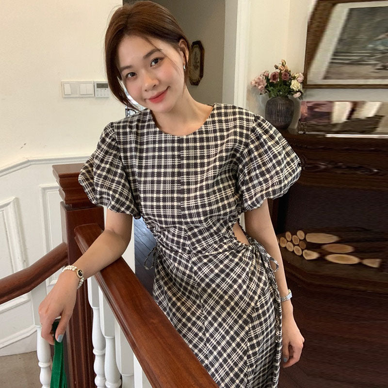 Gingham Midi Dress with Waist Cut Outs