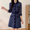 Classic Dark Blue Houndstooth Buttoned Knit Dress