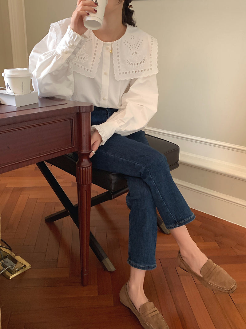 White Cotton Shirt with Oversized Eyelet Collar