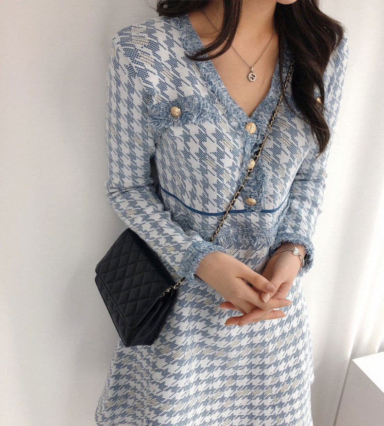 Blue Houndstooth Long Sleeve V-Neck Elegant Dress