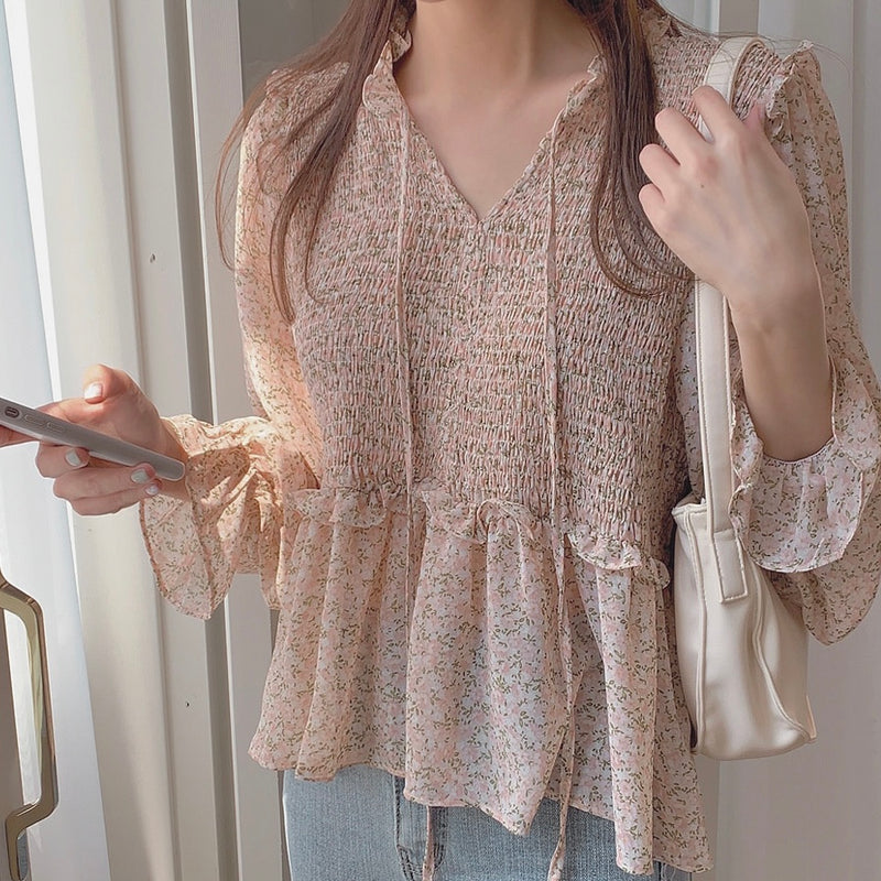 Floral Shirred Chiffon Ruffled Peplum Blouse