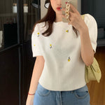 Yellow Embroidered Flower Knitted Short Sleeve Top