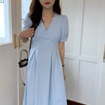 V-Neck High Waist Midi Cotton Dress with Pleats