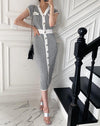 Knitted V-Neck Dress in Houndstooth Pattern with Contrasting Trim