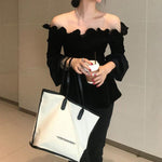 Black Velvet Ruffles Drop Shoulder Peplum Top