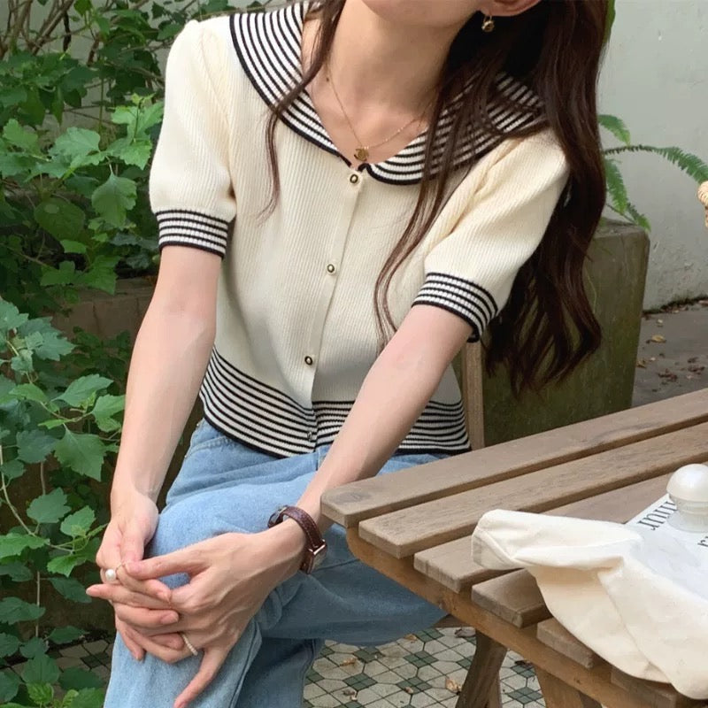 Short Sleeve Ivory Sweater Tee with Striped Trims and Sailor Collar